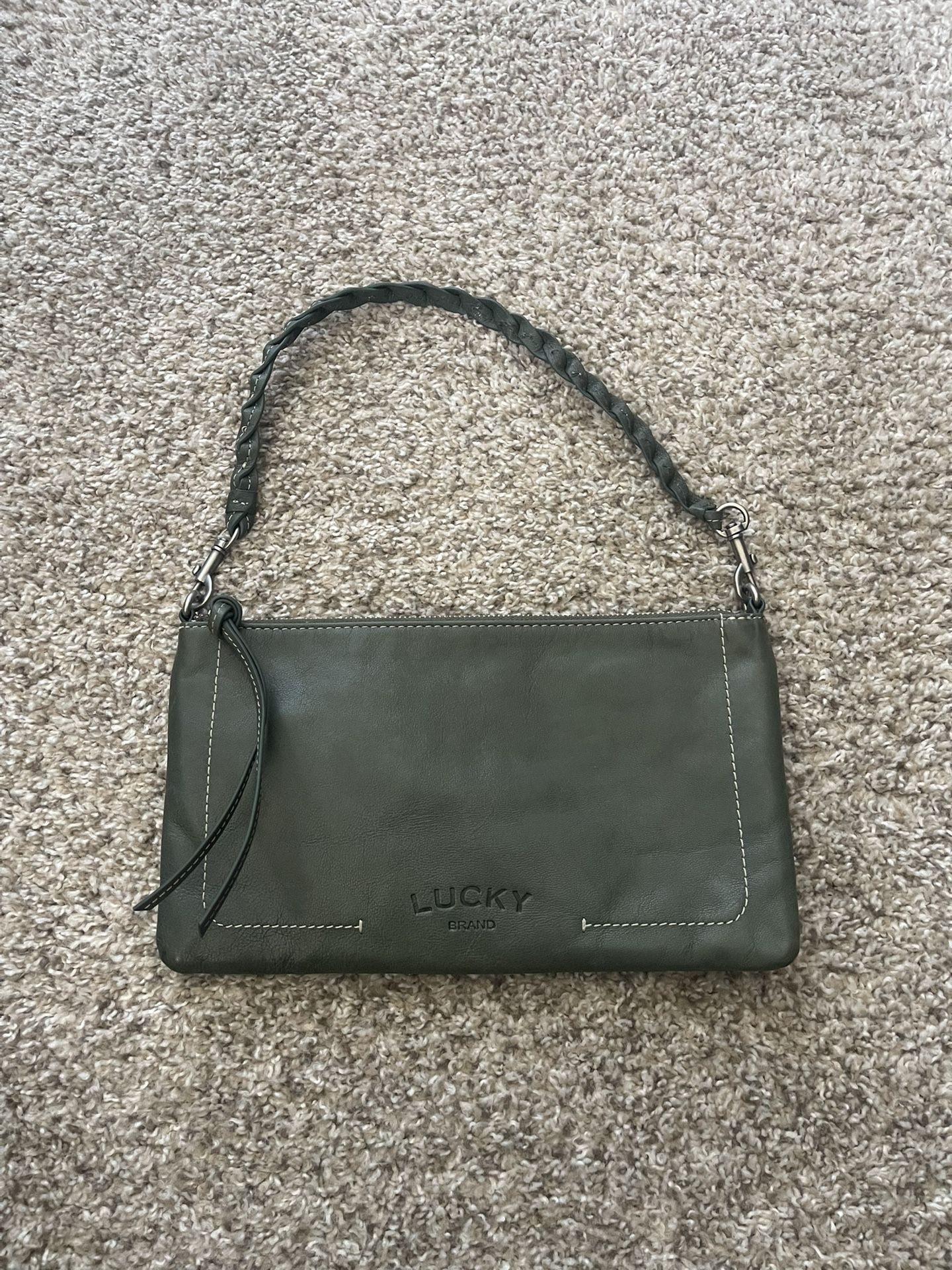 Lucky Brand Olive Green Leather Bag with Cardholder Keychain.