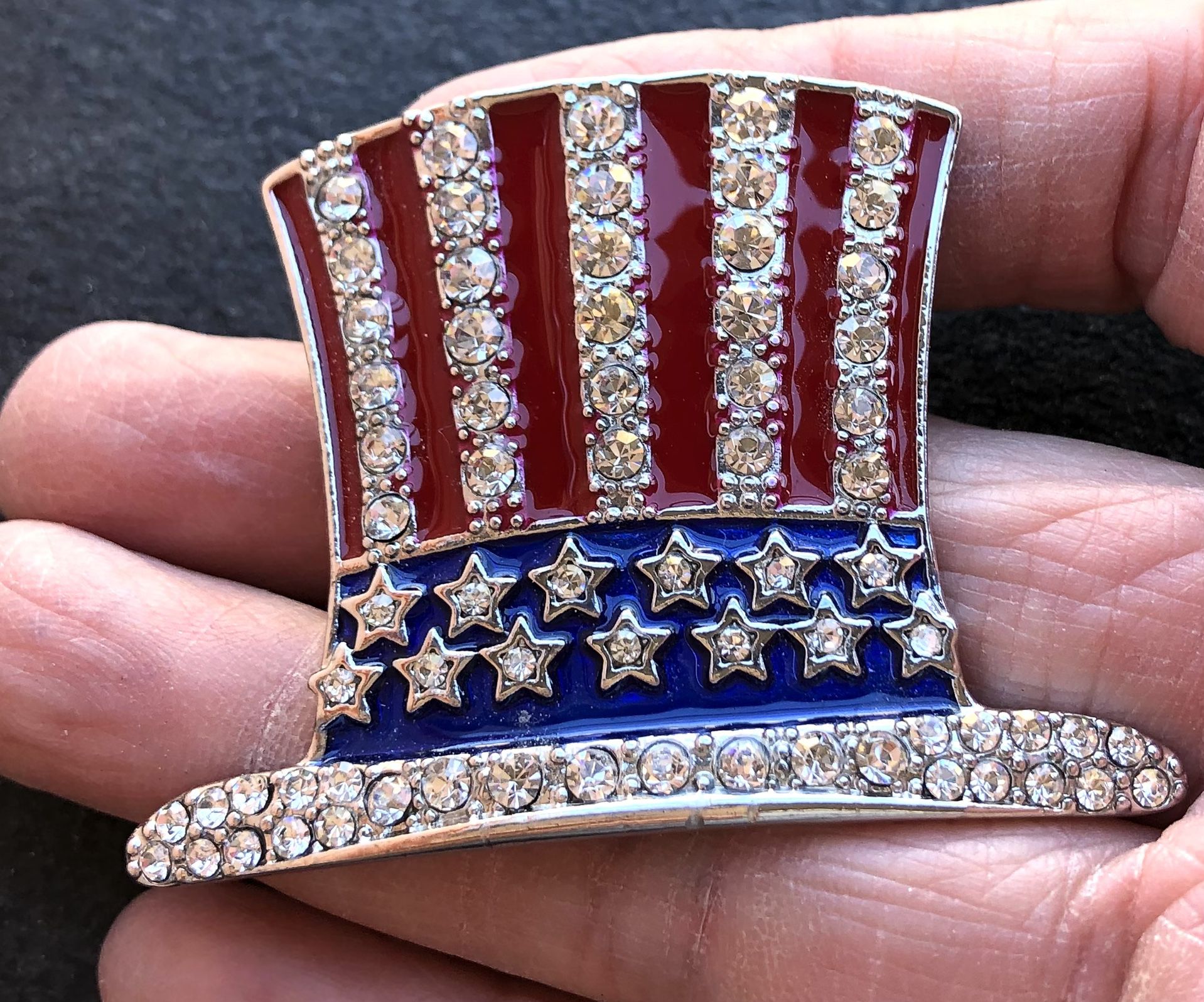 Patriotic hat pin brooch clear stones vintage