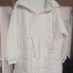 Womens All White Full Length Hooded Puffer Jacket Size Large New Without Tags 