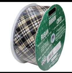 Kirkland Wire Edged Black Plaid Ribbon with Gold Accent 50yd X 2.5in