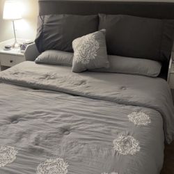 Queen Bed Frame Platform Bed with Linen Fabric Upholstered Headboard and Wooden Slats Support