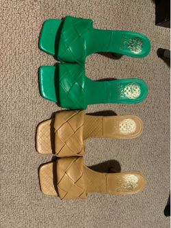 Vince Camuto woven mule heeled sandals(1pair green size 6.5(new) and 1 pair tan color size 6 (worn once, but excellent condition)