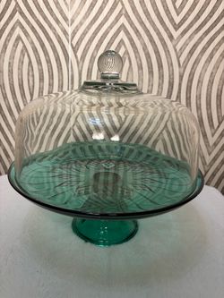 Vintage emerald green glass cake stand with clear dome cover