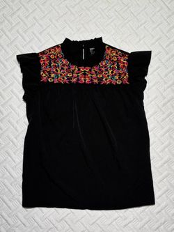 black flutter-sleeve top vibrant, multicolored floral embroidery size small