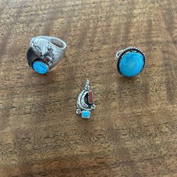 Vintage Sterling Silver Turquoise Rings And Pendent 