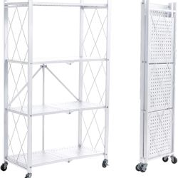 COOKCOK 4-Tier Storage Shelving Unit, Metal Shelf, Foldable Storage Shelf with Wheels, 27.9"x13.4"x49.72" Garage Shelf, Kitchen Shelf with 4 Hooks, No