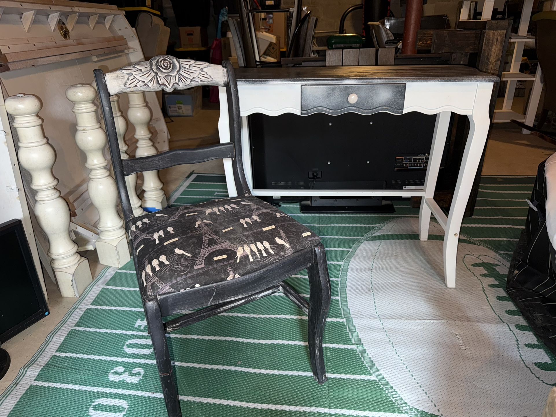 Teen Girl Vanity Desk & Chair Set Refinished Eiffel Tower Printed Fabric