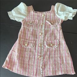 Pink and White Tweed Dress with Puff Sleeves