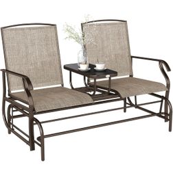Assembled New Outdoor Glider Bench with Center Table, Metal Frame Patio Loveseat with Breathable Mesh Fabric
