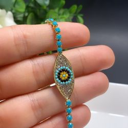 NO FADE Adjustable Sterling Silver Plated CZ Zircon Evil Eyes Charm Tennis Chain Bracelet