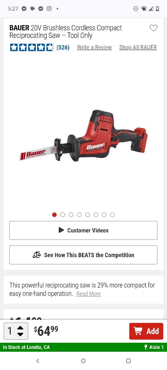 The BAUER™ 20V Brushless Cordless Compact Reciprocating Saw