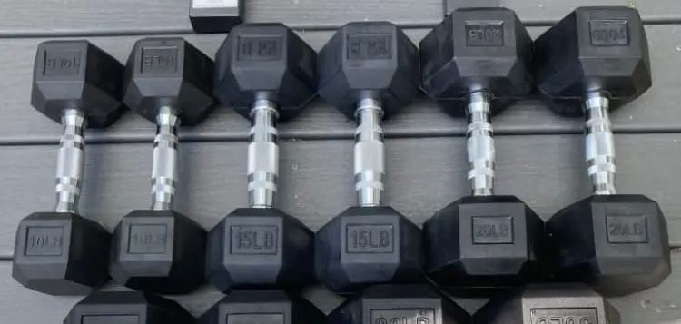 Complete Set Of 4 Pairs Of Rubber Hex Dumbbells - 5’s To 20’s