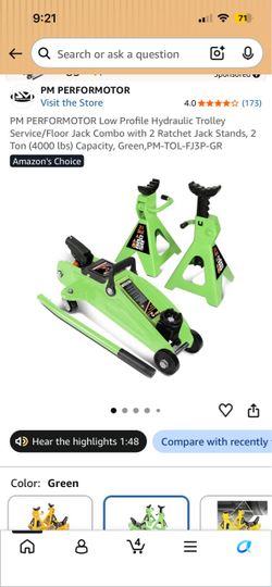 PM PERFORMOTOR Low Profile Hydraulic Trolley Service/Floor Jack Combo with 2 Ratchet Jack Stands, 2 Ton (4000 [bs) Capacity, Green, PM-TOL-FJ3P-GR