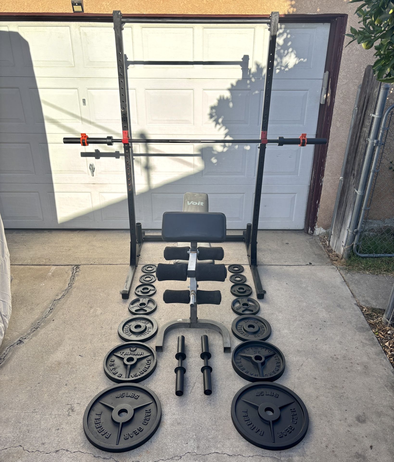 Olympic Weights, 7-ft Bar, Adjustable Bench, Squat Rack, Dumbbell Bars