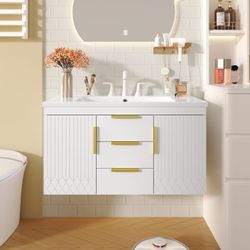 Brand New Sealed 36” Floating Bathroom Vanity White MDF with Basin Sink