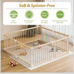 IKALIFE Large Wooden Baby Playpen - Size Adjustable Fence for Babies and Toddlers,