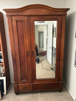 Antique Wooden Mirror Door Armoire