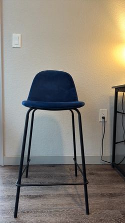 2 Blue Velvet Bar Stools with Black Metal Frame