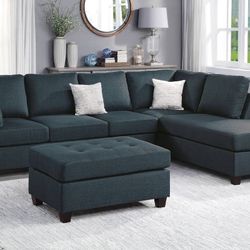 Brand New Dark Blue Plush Reversible Sectional Sofa With Ottoman 