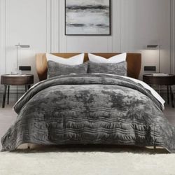 Velvet Quilt Set, Grey Velvet Quilt Queen Size Comforter Set, Luxury Bedding ...