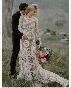 Women's Cowboy Wedding Dress 2 Pieces Long Sleeves Rustic Lace Elopement Mermaid Bridal Gown for Bride