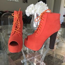 Red Orange Peep Toe Ankle Bootie Platform heels
