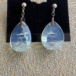 Vintage Hand-carved faceted blue glass pagoda drop earrings with sterling silver bale; vintage; 1950’s; Asian oriental motif In good condition