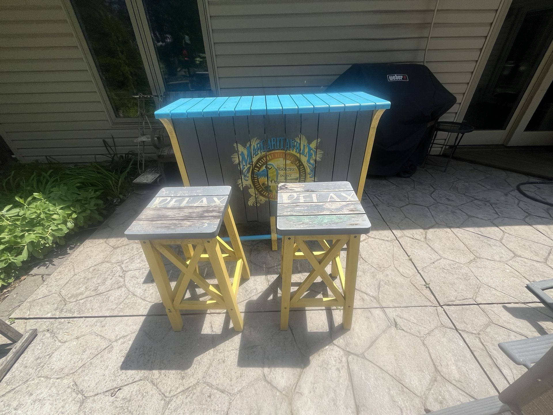 tiki bar set with 2 high top stools Margaritaville Jimmy Buffett style. Indoor/outdoor man cave great for parties