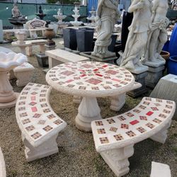 Concrete Stone Mosaic Picnic Table with 3 Benches/ Outdoor Patio Furniture