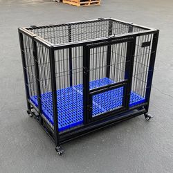 (NEW) $150 Heavy-Duty Dog Cage 37x25x33” Single-Door Folding Crate Kennel with Plastic Floor & Tray