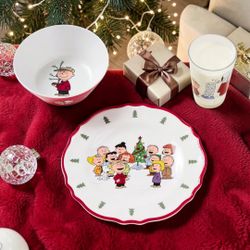 Pottery Barn Peanuts Snoopy Charlie Brown Christmas Tabletop Set 3 pcs NIB