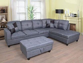 Brand New Grey Denim Linen Sectional Set With Decorative Pillows & Storage Ottoman