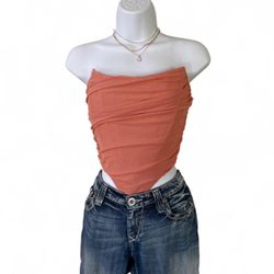 Coral Ruched Strapless Corset Crop Top Women's L NWOT