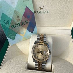 Rolex Datejust 36 36mm 18k yellow gold and stainless steel jubilee bracelet box and papers champagne Roman dial 116233