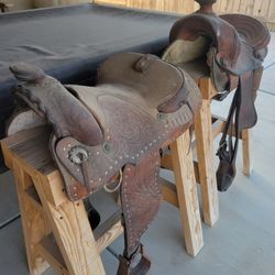 2 Pony Saddle With Wood Stands 