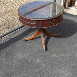 Round Leather Top Table With Glass 