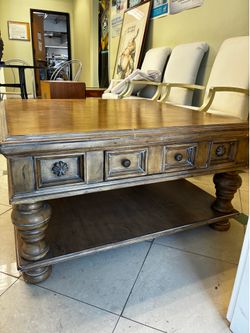 Heavyweight antique wooden square coffee table with 2 drawers