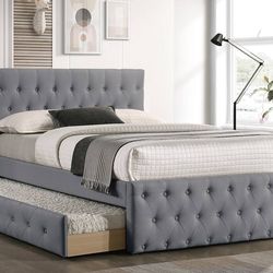 Full/Twin Gray Frenchi Tufted Trundle Beds W. Ortho Mattresses Included
