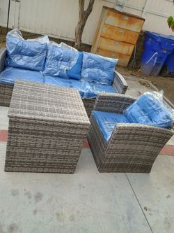 3 pcWicker Blue Patio Conversation Set