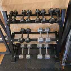 5lb thru 30lb Metal Hex Dumbbell Set With Brand New Rack