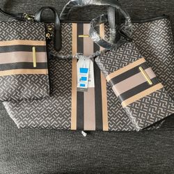 3 Pc Handbag Striped /Wristlet-Pouch Crossbody/Zip-Around Wallet /Tote