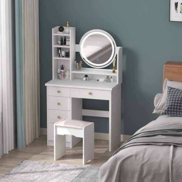 5-Drawers White Makeup Vanity Set with Stool Dressing Desk Wood Vanity with LED Round Mirror and Storage Shelves