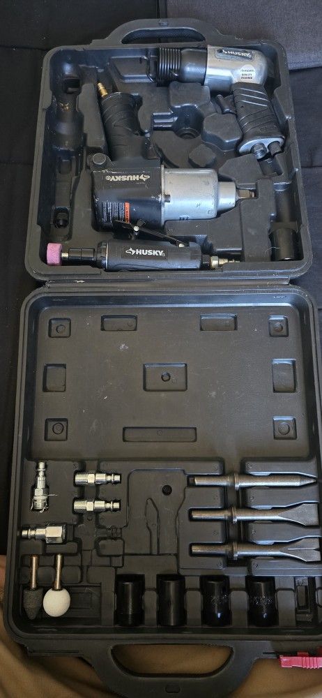 Husky
4-Pc Air Tool Kit With 1/2 in. Impact, 3/8 in. Ratchet, Die Grinder, Hammer, Sockets, Chisels, Grinding Stones -27 pcs