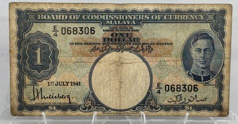 1941 Malaya $1 Banknote – King George VI Original WWII Colonial Currency