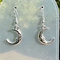 🌝 Fun silver tone metal crescent moon & moon with star charm earrings - 3 different styles