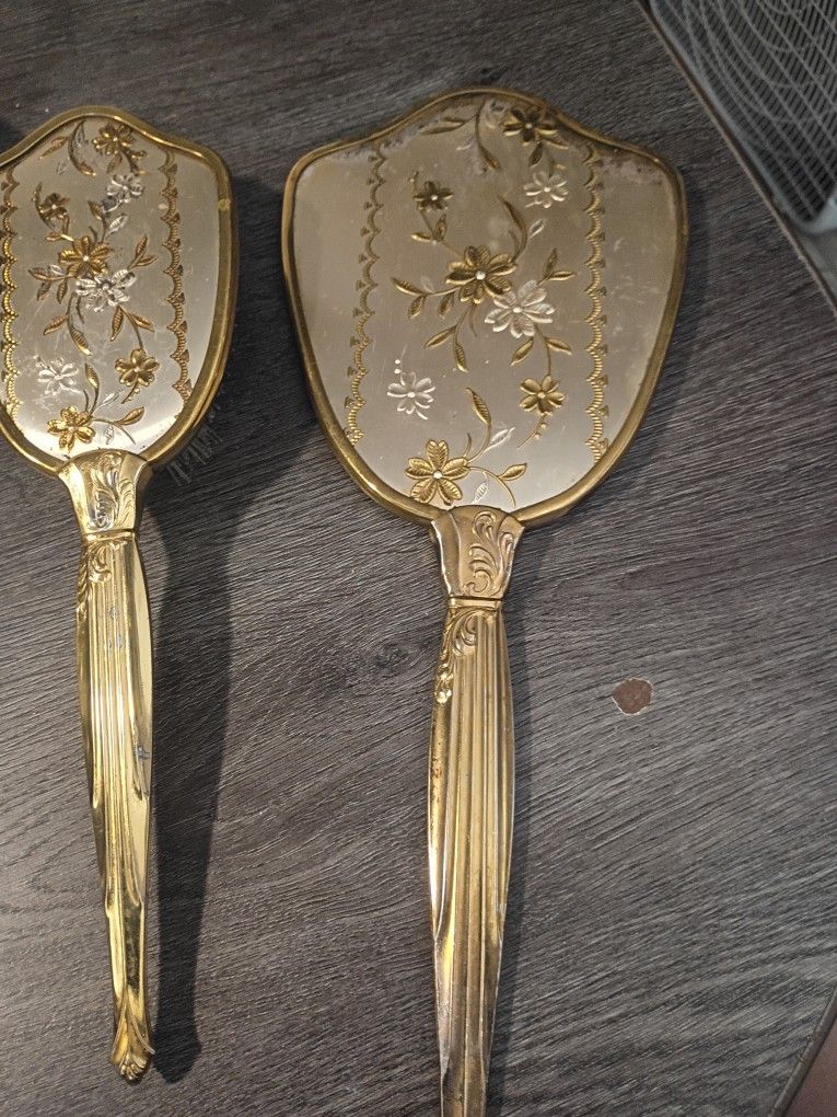 Vintage Gold Mirror And Brush 