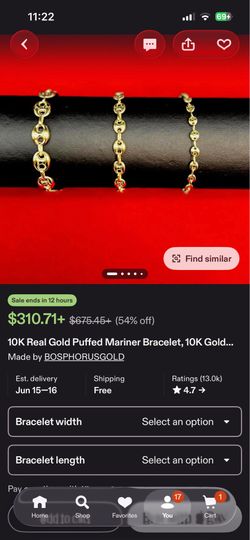 Real 10k gold puff mariner bracelet