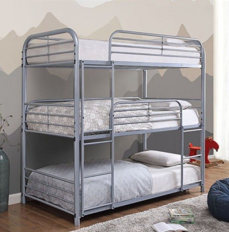 Brand New Silver Solid Metal Twin Size Triple Bunk Bed