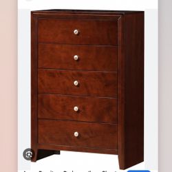 Brand New Cherry Wood 5 Drawer Chest With Nickel Knobs 