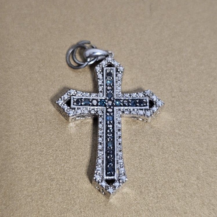Silver Blingy Cross Pendant. Blue and Diamond Crystals. Costume. Christian. Gift